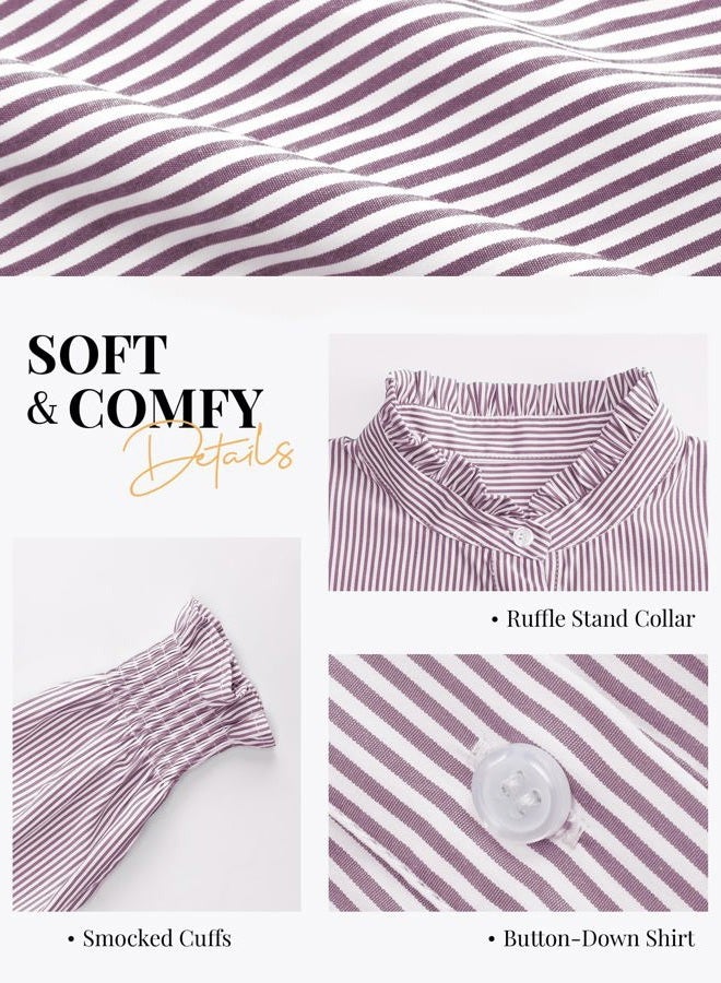 Funlingo Women's Striped Button Down Shirts Long Sleeve Smocked Cuffed Ruffle Collar Blouses Spring Work Business Casual Tops, Purple White, XL - Image 5