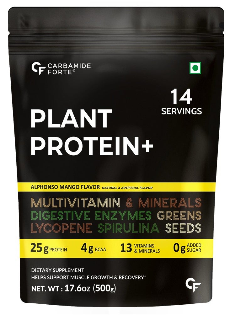 CARBAMIDE FORTE - Carbamide Forte Vegan Protein Powder - Plant Based Protein Powder with Multivitamin, Minerals, Superfoods, Pea Protein, Digestive Enzymes | Plant Protein Powder - Alphonso Mango Flavour - 500g - Image 1