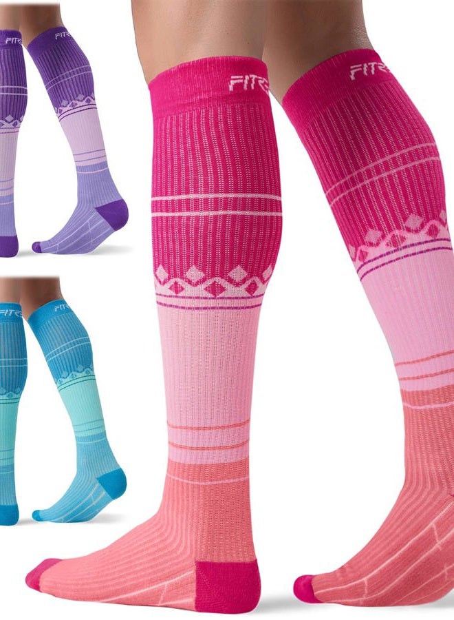 FITRELL 3 Pairs Compression Socks for Women and Men 15-20mmHg-Muscle Circulation Support Socks for Travel, Nurse, Medical Pink+Purple+Blue L/XL, Pink+purple+blue, L-XL - Image 1