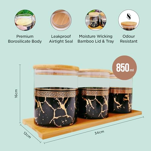 UMAI Pack of 3 Kitchen Organizer Borosilicate Jars with Bamboo Lid & Tray | 3 Pcs 850 ml | Glass Jars for Cookies, Spices, Snacks, Tea, Coffee, Sugar | BPA Free | Green - Image 3