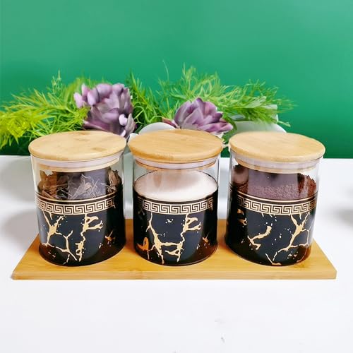 UMAI Pack of 3 Kitchen Organizer Borosilicate Jars with Bamboo Lid & Tray | 3 Pcs 850 ml | Glass Jars for Cookies, Spices, Snacks, Tea, Coffee, Sugar | BPA Free | Green - Image 1