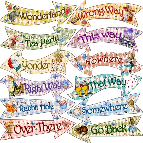 Htabiol Alice in Wonderland Arrow Signs, 24pcs Alice in Wonderland Signs, Htabiol Alice in Wonderland Party Decorations, Fit for Alice Wonderland Decor, Alice in Onederland 1st Birthday, Mad Hatter Tea Party - Image 1