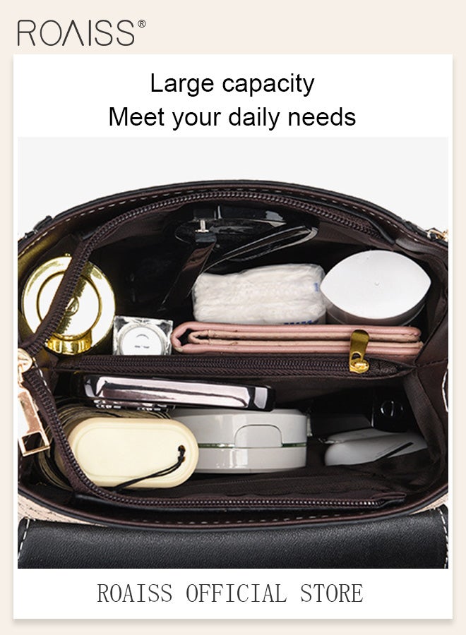 roaiss Grid Pattern Hand Shoulder Bag for Women PU Material Commuting Top Handle Daily Satchel Ladies Large Capacity Fashion Office Casual Crossbody Bags Flip Handbag Brown - Image 3