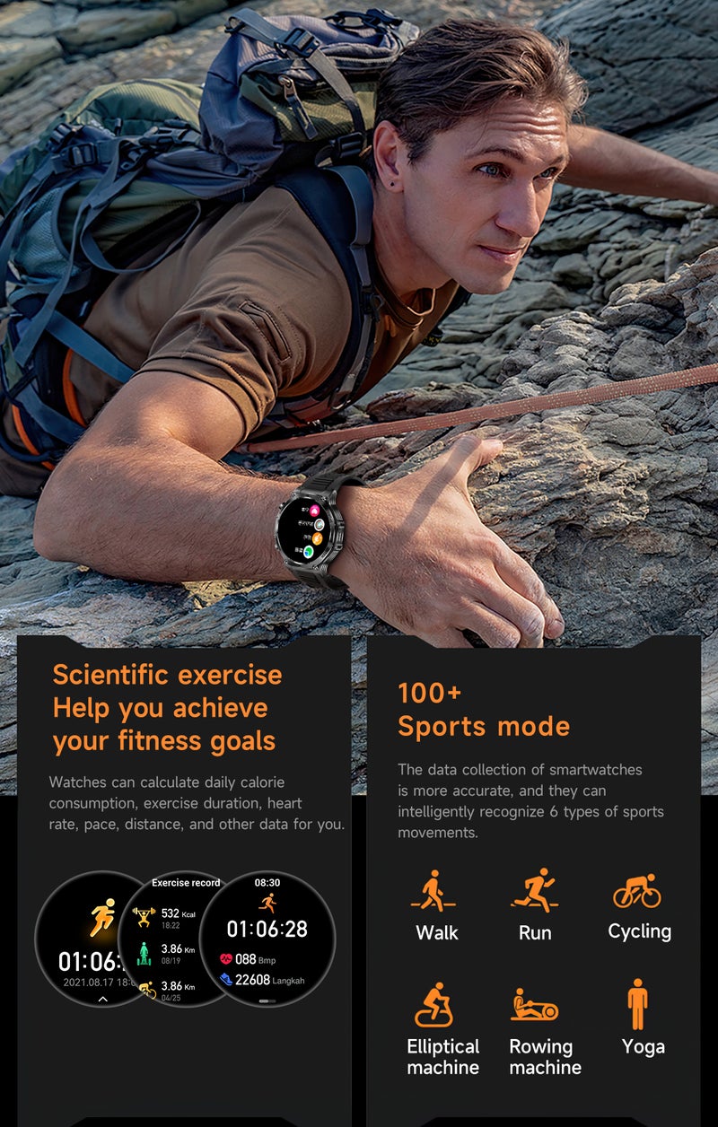 SACOSDING Militrary Smart Watch for Men,1.8" HD/800mAh Battery Smart watches for Android/iOS (Bluetooth Call Answer/Calls)Fitness Tracker,100+ Sports/LED Flashlight/IP68 Waterproof/Sleep Tracker Smartwatch - Image 4