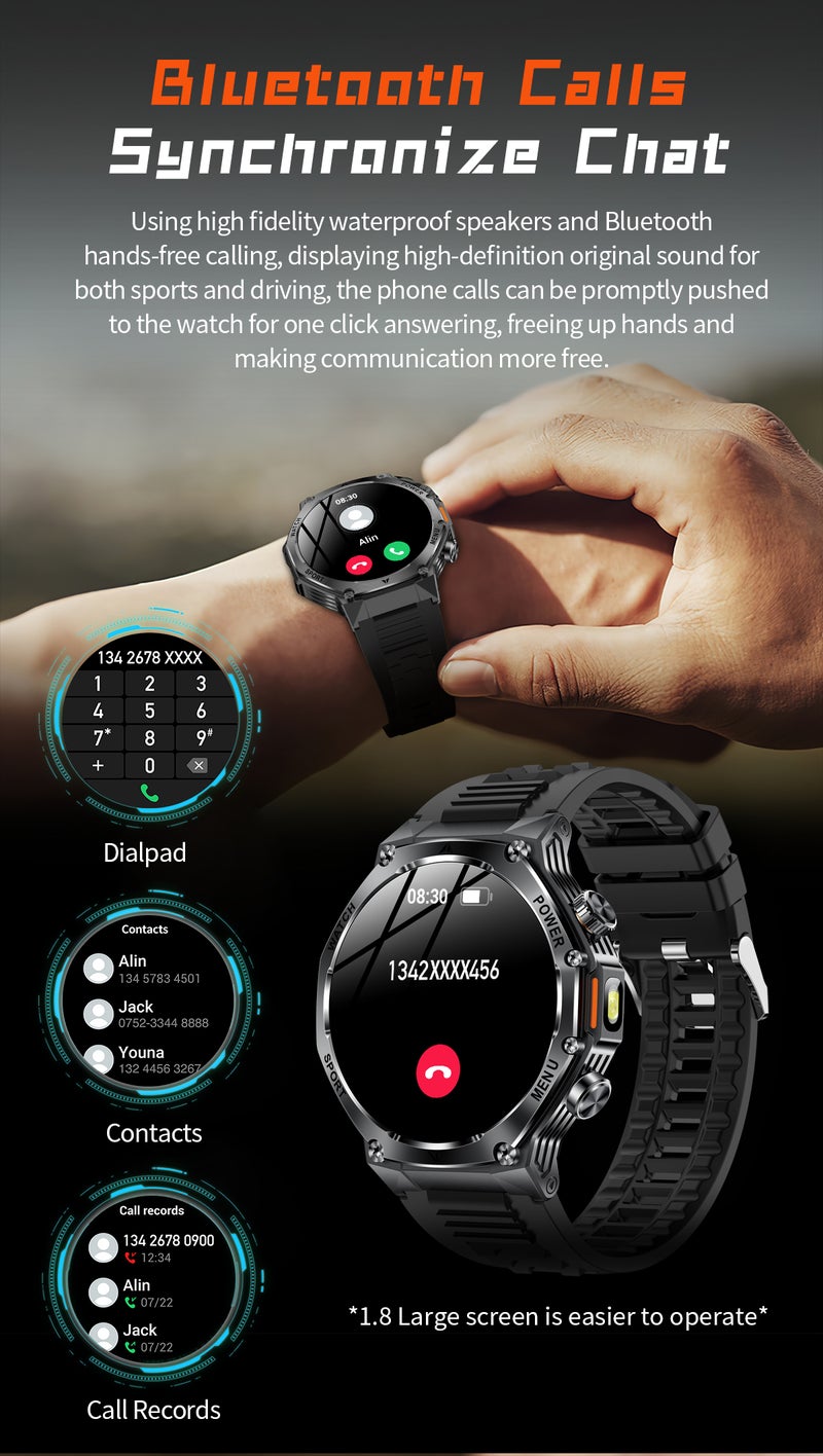 SACOSDING Militrary Smart Watch for Men,1.8" HD/800mAh Battery Smart watches for Android/iOS (Bluetooth Call Answer/Calls)Fitness Tracker,100+ Sports/LED Flashlight/IP68 Waterproof/Sleep Tracker Smartwatch - Image 2
