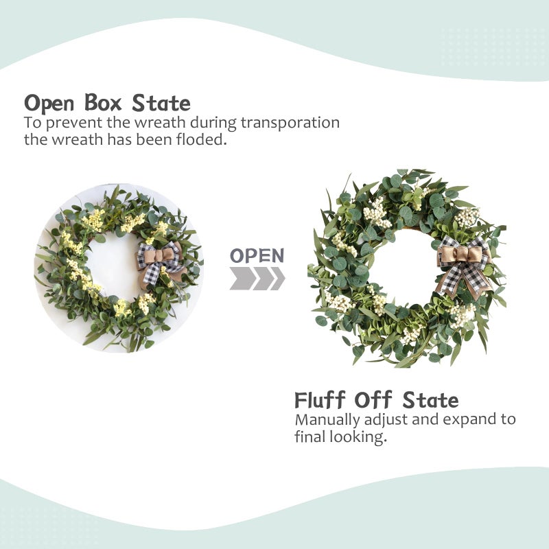 TEMPUS 20-Inch Artificial Eucalyptus Wreath Handmade Spring Summer Door Hanging, Farmhouse Wall Decor, Wedding Gift, Outdoor-Friendly Green Leaf Wreath - Image 4