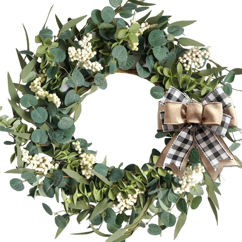 TEMPUS 20-Inch Artificial Eucalyptus Wreath Handmade Spring Summer Door Hanging, Farmhouse Wall Decor, Wedding Gift, Outdoor-Friendly Green Leaf Wreath - Image 1