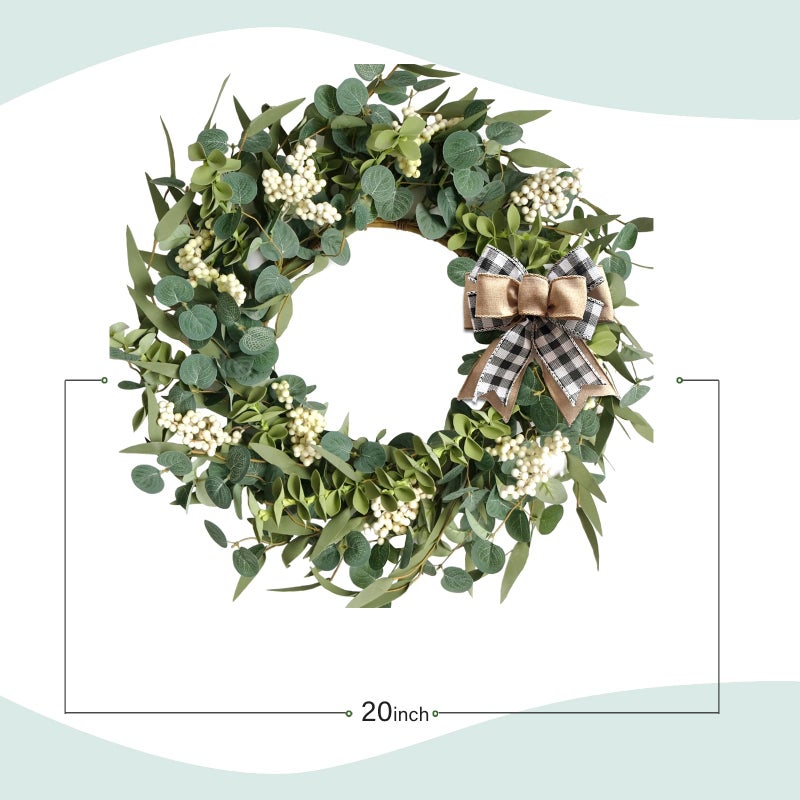 TEMPUS 20-Inch Artificial Eucalyptus Wreath Handmade Spring Summer Door Hanging, Farmhouse Wall Decor, Wedding Gift, Outdoor-Friendly Green Leaf Wreath - Image 3
