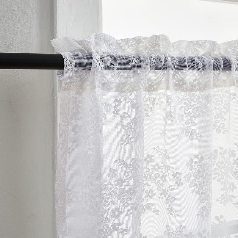 YJ YANJUN White Cafe Curtains 18 inch Length Floral Embroidery Lace Kitchen Window Valance Over Sink Short Courntry Curtains Valance  Window Toppers 52 x 18 Inch  1 Panel - Image 2