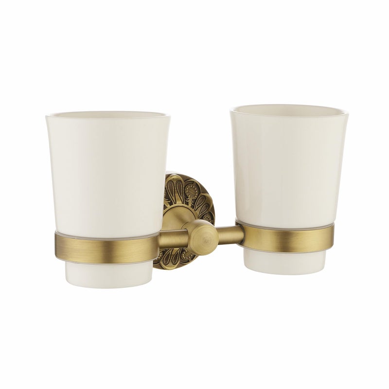 Lucyound Double Toothbrush Holder Wall Mounted, Mouthwash Cup Holder for Bathroom Wall, Antique Brass Holder and Two White Ceramic Cups, Vintage Petal-Relief Bathroom Decorative Accessories - Image 1
