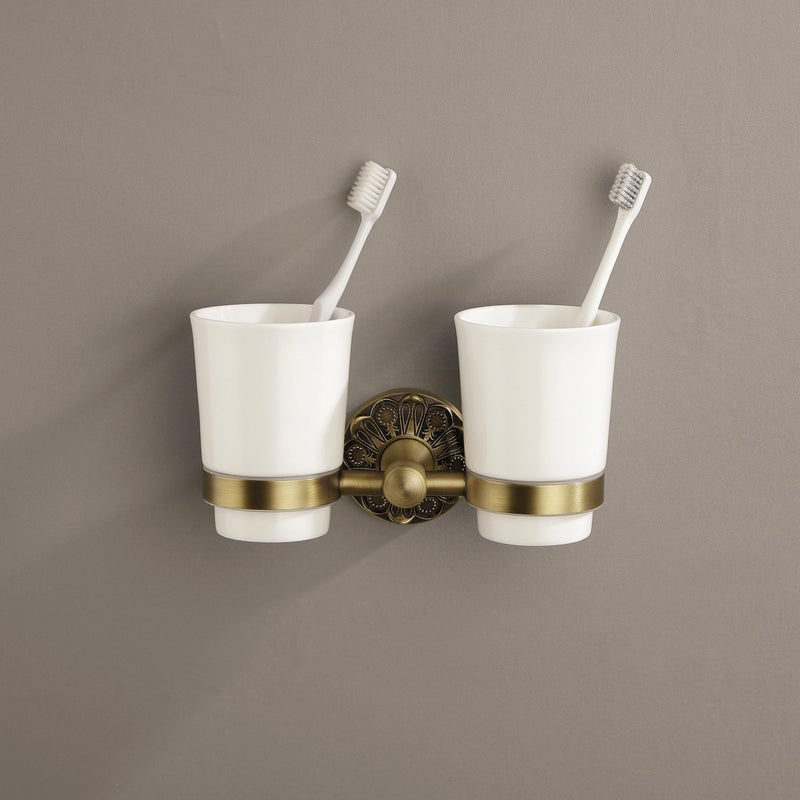 Lucyound Double Toothbrush Holder Wall Mounted, Mouthwash Cup Holder for Bathroom Wall, Antique Brass Holder and Two White Ceramic Cups, Vintage Petal-Relief Bathroom Decorative Accessories - Image 2