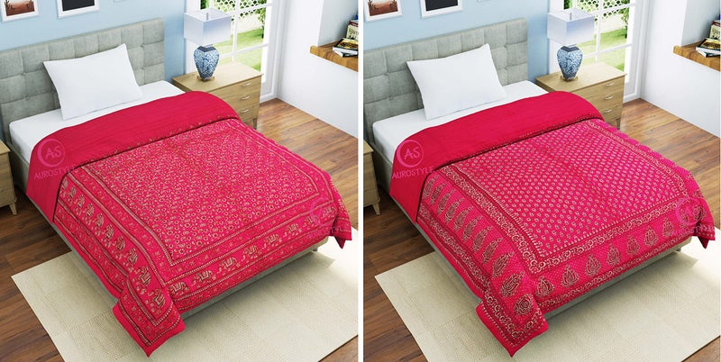 WORLDNEX 400 TC Pure Cotton Jaipuri Design Printed Light Weight Traditional Rajasthani Print Single Bed Quilt/Razai/Rajai (Design 20, Single Bed - Set of 2 Combo Set) - Image 1