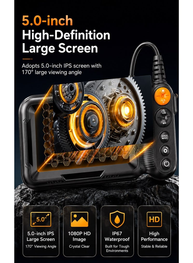 Milatech Endoscope Camera with Light, 5-Inch Large Screen, Dual Lens 1080P HD Borescope, IP67 Waterproof Snake Camera – Ideal for Inspecting Walls, Vents, Automotive Engines & Pipes – Great Tool Gift for Men (16.4ft) - Image 2