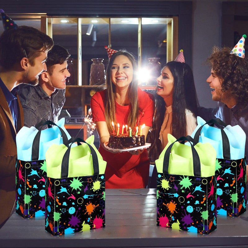 Sanwuta 24 Pieces Glow Neon Favor Bags with Tissue Paper Glow in The Dark Party Supplies No Woven Neon Birthday Gift Goody Candy Bags for Glowing Party Decoration(7.9x3.2x7.9 Inch) - Image 4