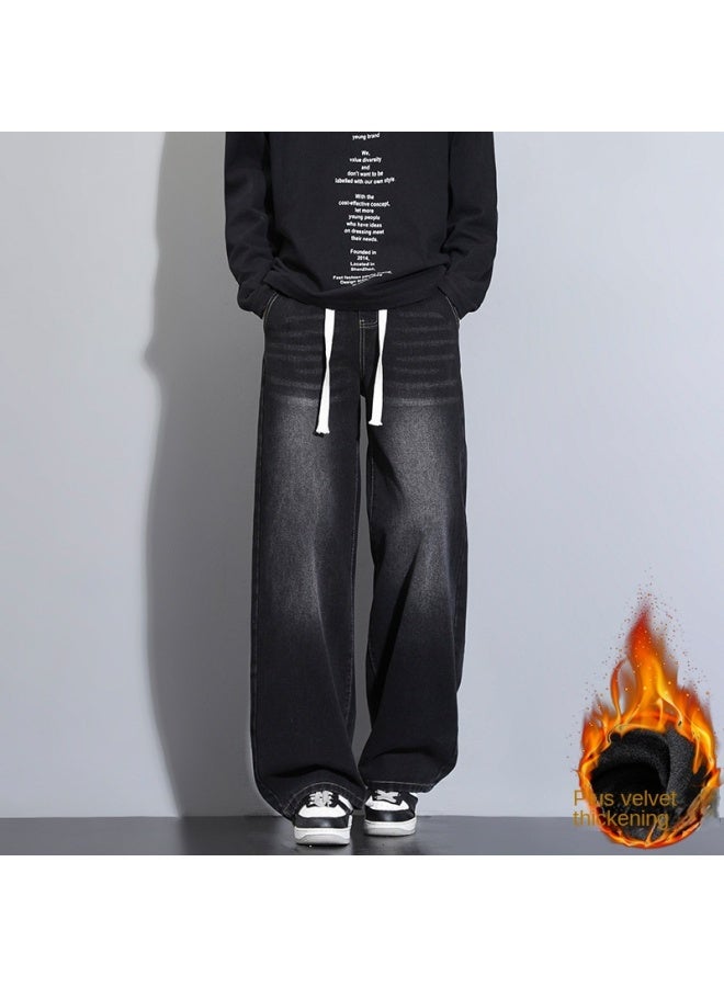 American Retro Drawstring Jeans Men's Winter Style Trendy Washed Drop Crotch Loose Versatile Men's Cargo Pants - Image 1
