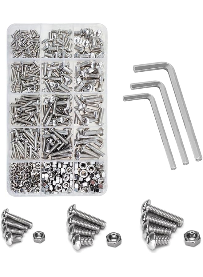 promass 500 Pcs M3 M4 M5 Button Head Hex Socket Bolts Screws Nuts Kit,304 Stainless Steel Ccrews Nuts and Washers Assortment Kit with Storage Box and Hex Wrenches,Precise Metric Screws and Nuts Set