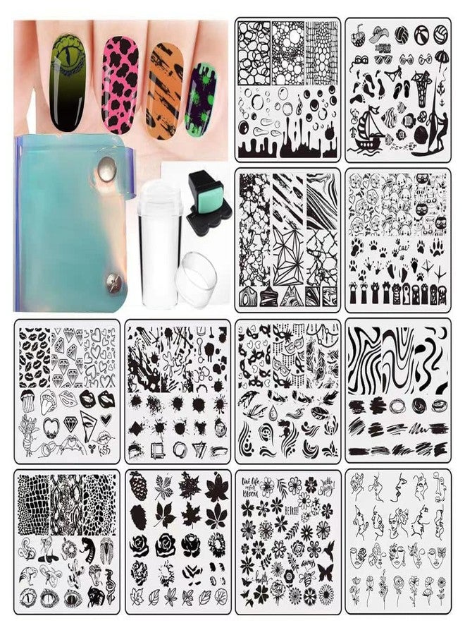 VNC 15Pcs Nail Stamping Plates Set 12pcs Nail Plates 1 nail art stamper 1scraper 1storage bag Nail Art plate Template Image Plate Stencil Set - Image 1