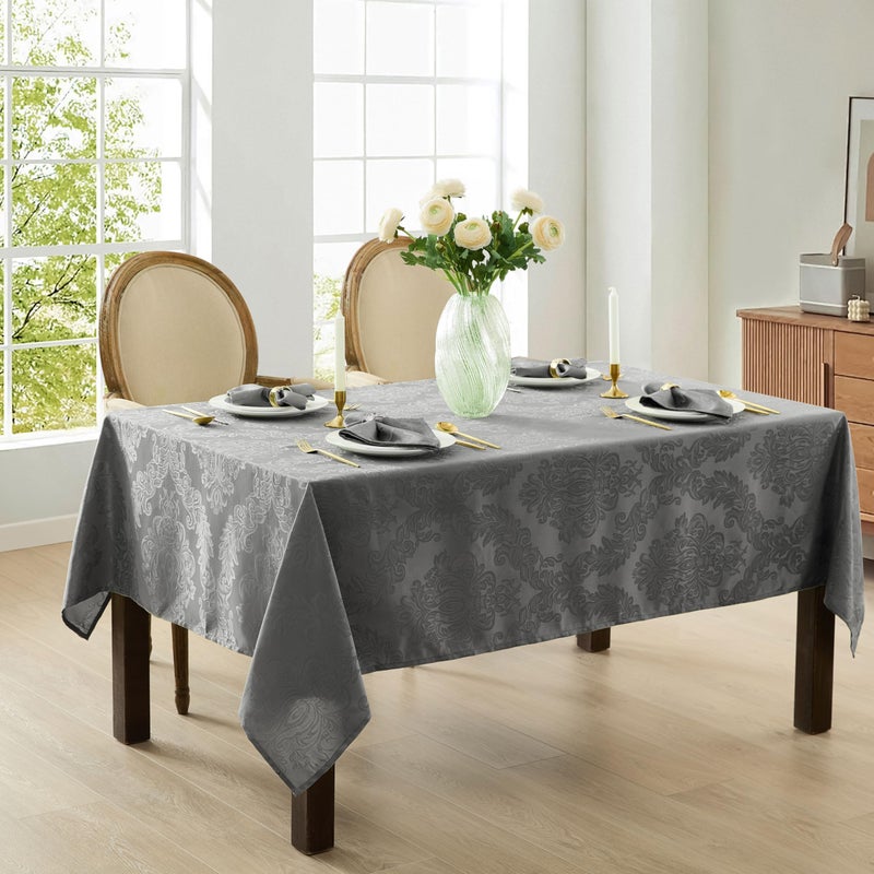 Newbridge Barcelona Damask Fabric Tablecloth, 60 x 120 Inch Rectangle, Grey - No Iron, Soil Resistant Table Cover for Dining, Parties and Holidays - Image 2