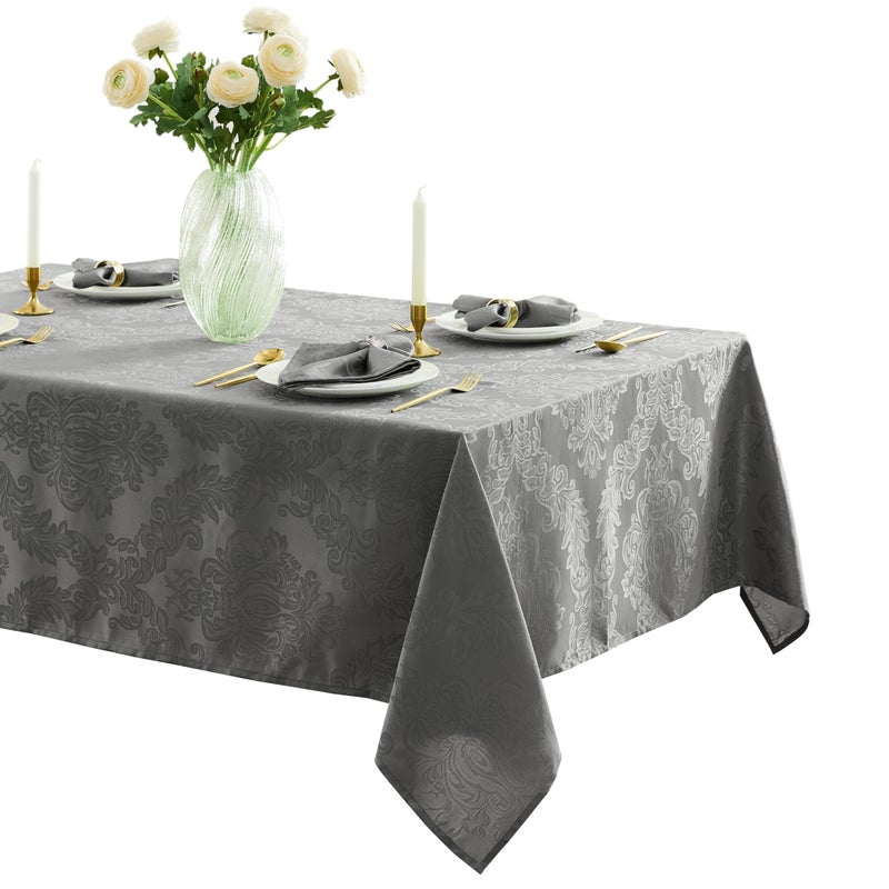 Newbridge Barcelona Damask Fabric Tablecloth, 60 x 120 Inch Rectangle, Grey - No Iron, Soil Resistant Table Cover for Dining, Parties and Holidays - Image 1