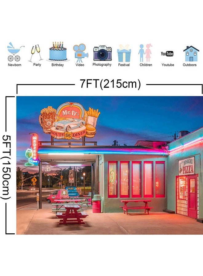 KIKIDOR Route 66 Retro Restaurant Backdrop 50S Street Pizza Store Neon Photography Backdrop Nostalgic 50S Retro Car Party Decoration Banner Portrait Shoot Props Studio Supplies 7X5Ft Bjokki048 - Image 3