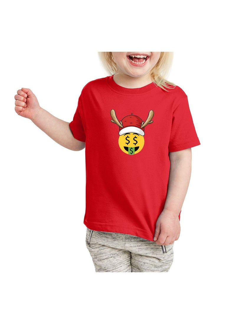 PRINTSHOP4ME - Christmas Emoji Kids Red T-Shirt For Girls–Soft Cotton Round Neck Short Sleeve T-Shirt With Smiley Face Emoji–Great For Parties - Image 1