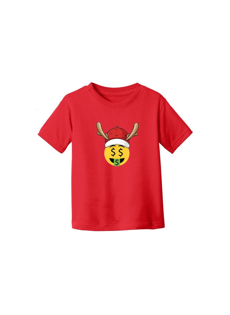 PRINTSHOP4ME - Christmas Emoji Kids Red T-Shirt For Girls–Soft Cotton Round Neck Short Sleeve T-Shirt With Smiley Face Emoji–Great For Parties - Image 1