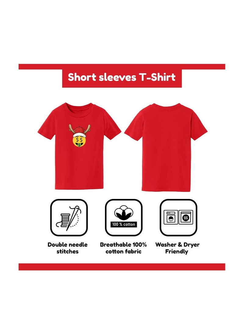 PRINTSHOP4ME - Christmas Emoji Kids Red T-Shirt For Girls–Soft Cotton Round Neck Short Sleeve T-Shirt With Smiley Face Emoji–Great For Parties - Image 1