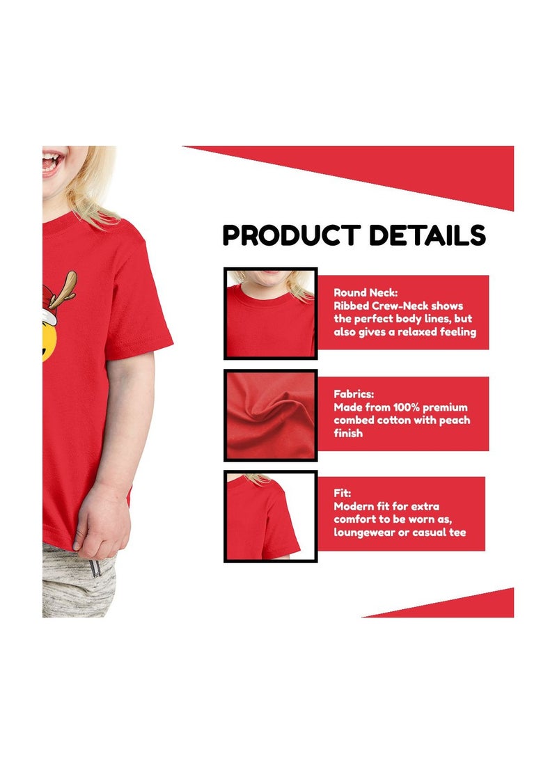 PRINTSHOP4ME - Christmas Emoji Kids Red T-Shirt For Girls–Soft Cotton Round Neck Short Sleeve T-Shirt With Smiley Face Emoji–Great For Parties - Image 1