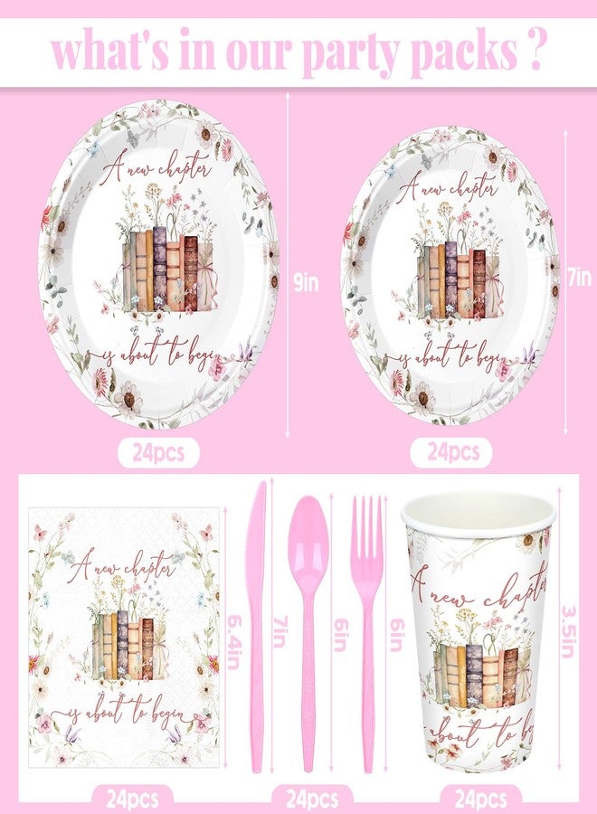 Romooa 168 Pcs A New Chapter Is About to Begin Bridal Shower Tableware Set, Storybook Floral 9" 7" Paper Plates Cups Napkins Party Supplies, Book Wildflower Dinnerware for Bridal Shower Wedding - Image 2