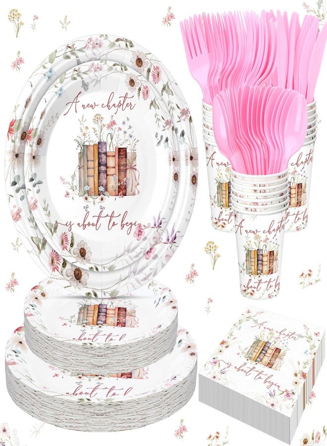 Romooa 168 Pcs A New Chapter Is About to Begin Bridal Shower Tableware Set, Storybook Floral 9" 7" Paper Plates Cups Napkins Party Supplies, Book Wildflower Dinnerware for Bridal Shower Wedding - Image 1