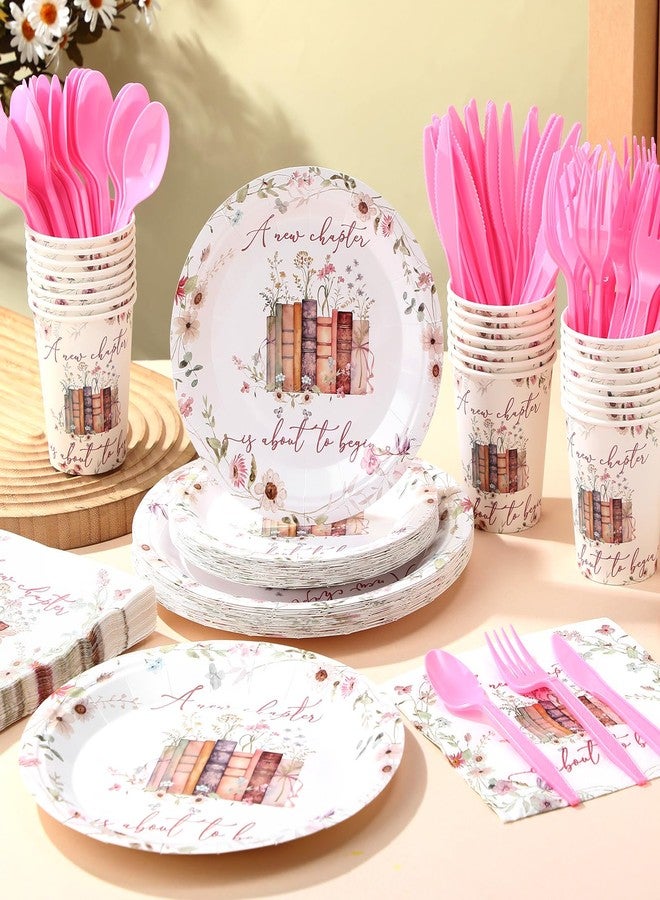 Romooa 168 Pcs A New Chapter Is About to Begin Bridal Shower Tableware Set, Storybook Floral 9" 7" Paper Plates Cups Napkins Party Supplies, Book Wildflower Dinnerware for Bridal Shower Wedding - Image 5