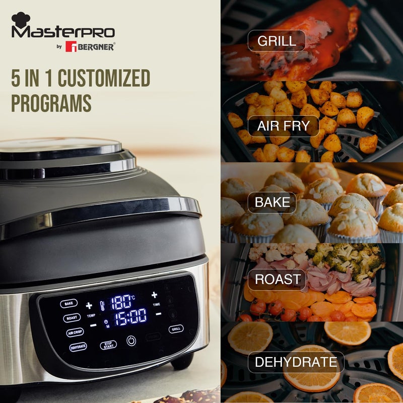 BERGNER BERGNER Masterpro Indoor Electric Smokeless Grill7 liter1800 WattDigital Led Display And Multi Touch Panel5 In 1 Function GrillBakeRoastDehydrateAir Fry With Cyclonic Air TechnologySilver  - Image 3