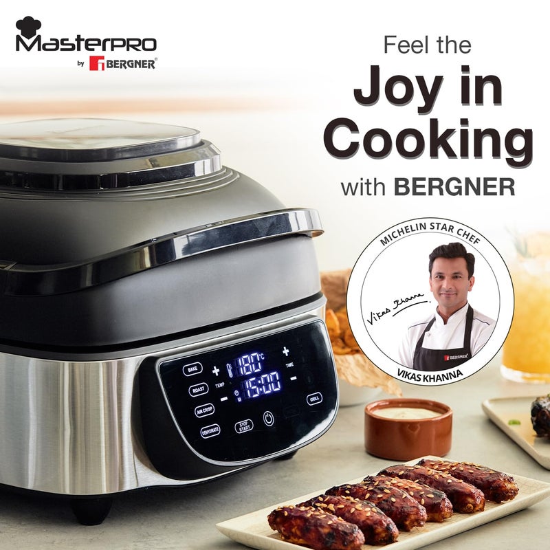 BERGNER BERGNER Masterpro Indoor Electric Smokeless Grill7 liter1800 WattDigital Led Display And Multi Touch Panel5 In 1 Function GrillBakeRoastDehydrateAir Fry With Cyclonic Air TechnologySilver  - Image 2