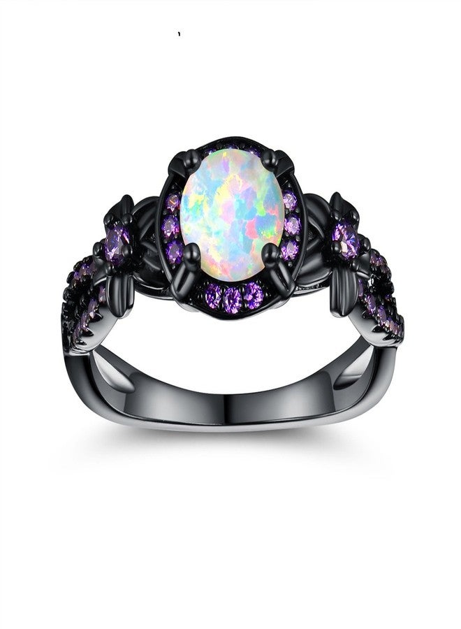 VOLUKA 18K Black Gold Plated White Fire Opal Rings for Women October's Birthstone Gemstone Created Amethyst Eternity Wedding Engagement Promise Band (9) - Image 1