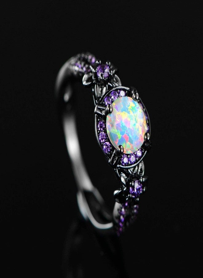 VOLUKA 18K Black Gold Plated White Fire Opal Rings for Women October's Birthstone Gemstone Created Amethyst Eternity Wedding Engagement Promise Band (9) - Image 5