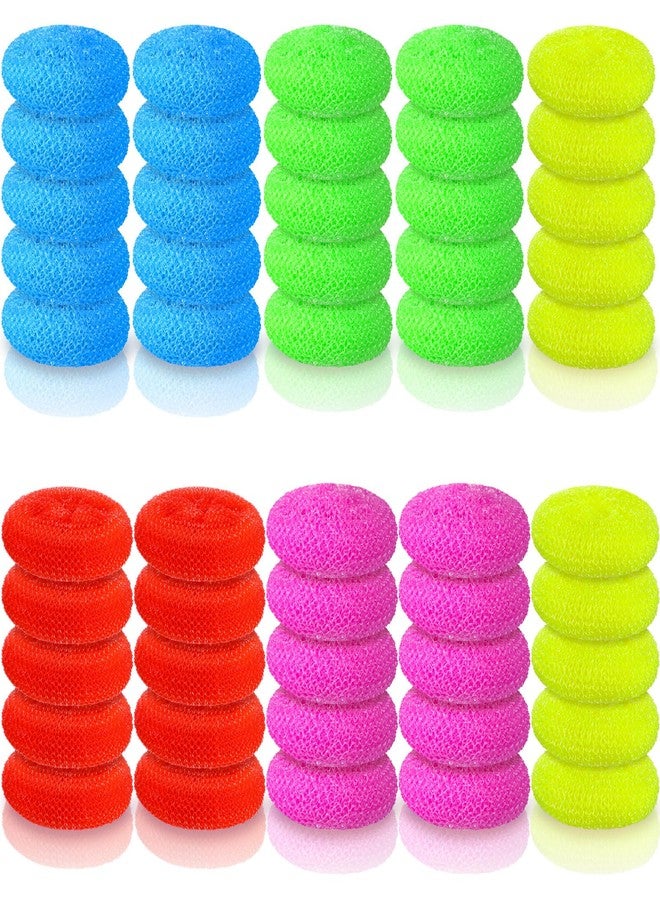 Uiifan 50 Pcs Plastic Dish Scrubbers for Dishes Nylon Dish Scrubber Plastic Pot Round Non Scratch Mesh Pot Scrubber Pads for Kitchen Household Cleaning, 5 Colors - Image 1