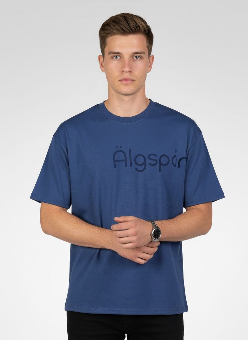 Algspar Men Crew Neck Short Sleeve Brand Logo T-Shirt, Indigo Blue - Image 1