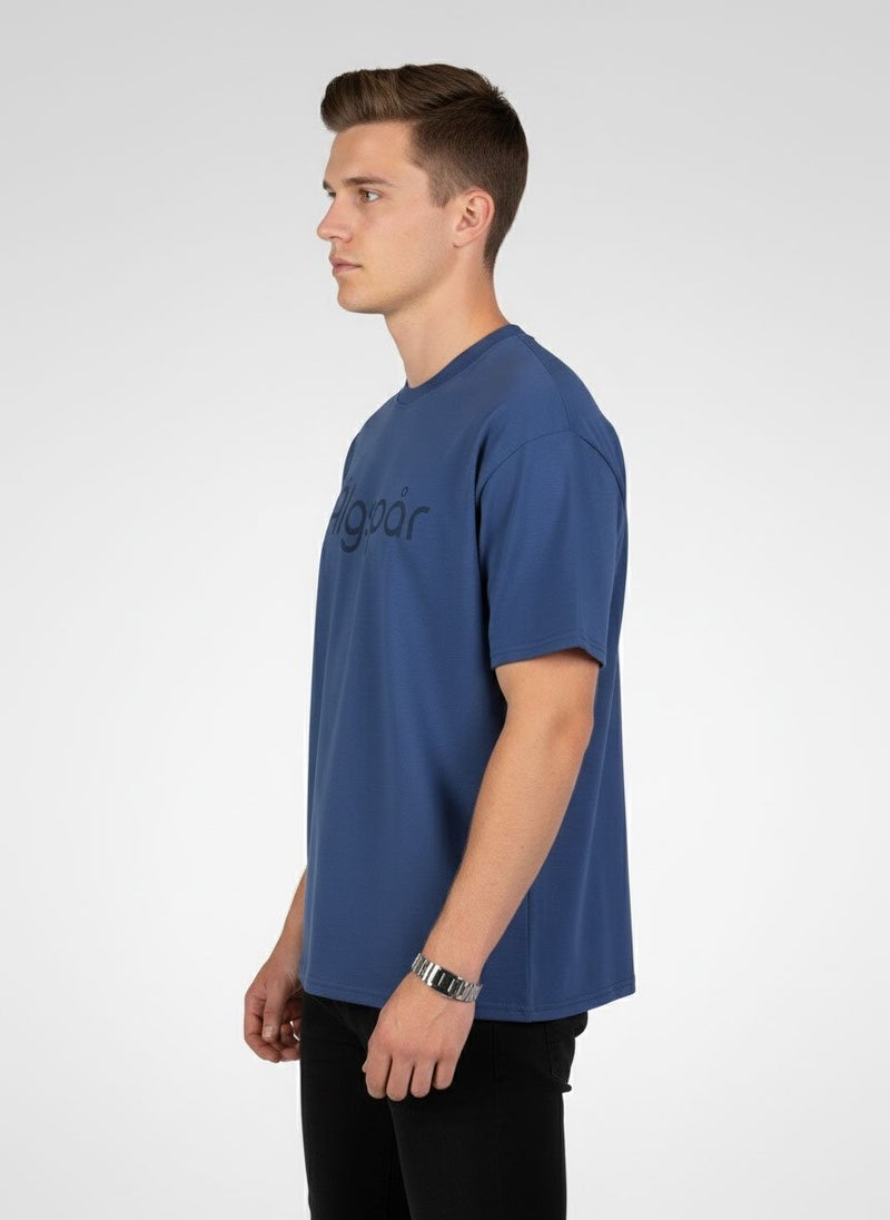 Algspar Men Crew Neck Short Sleeve Brand Logo T-Shirt, Indigo Blue - Image 2