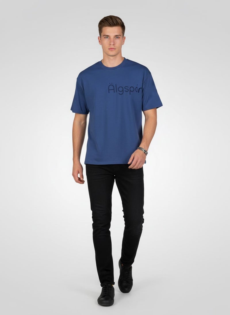 Algspar Men Crew Neck Short Sleeve Brand Logo T-Shirt, Indigo Blue - Image 3