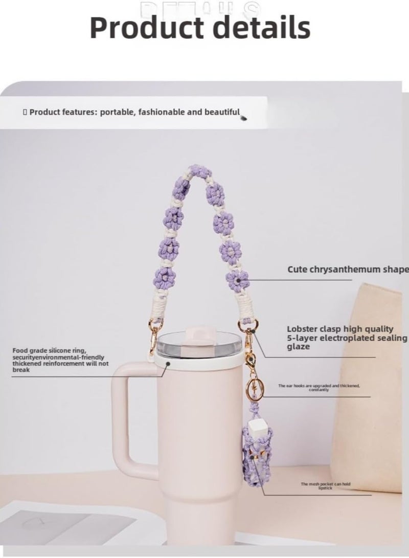 Generic Stanley Cup 16oz - 40oz Glass Cup Accessories - Braided Daisy Water Bottle Handle Strap, Food Grade Silicone Ring Portable Water Bottle Cup Strap for Girls and Women (Purple Three-Piece Set) - Image 4