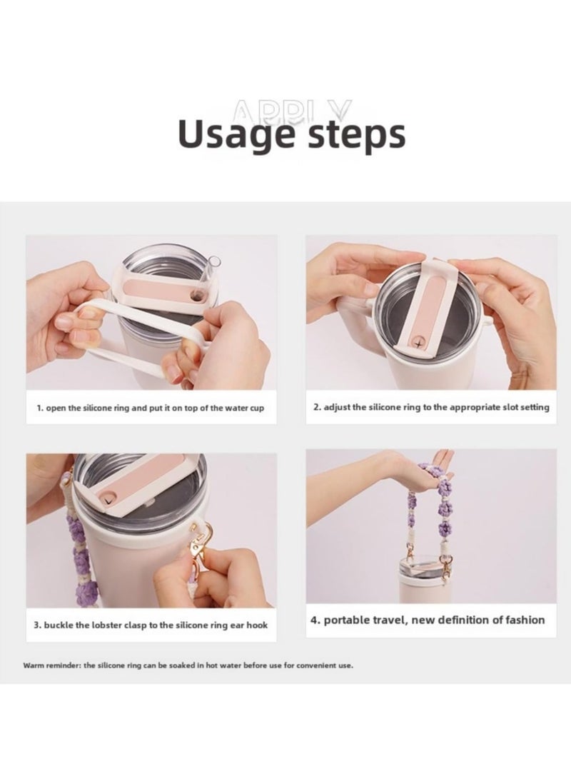 Generic Stanley Cup 16oz - 40oz Glass Cup Accessories - Braided Daisy Water Bottle Handle Strap, Food Grade Silicone Ring Portable Water Bottle Cup Strap for Girls and Women (Purple Three-Piece Set) - Image 5