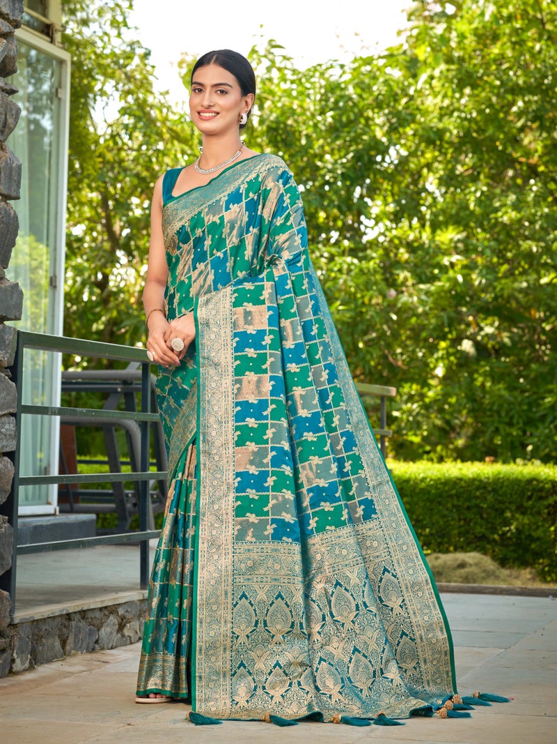MANOHARI Women's Most Trendy Banarasi Satin Silk Woven Turquiose Blue Saree With Heavy Jacquard Work Saree With Blouse Piece_MN2051 - Image 2