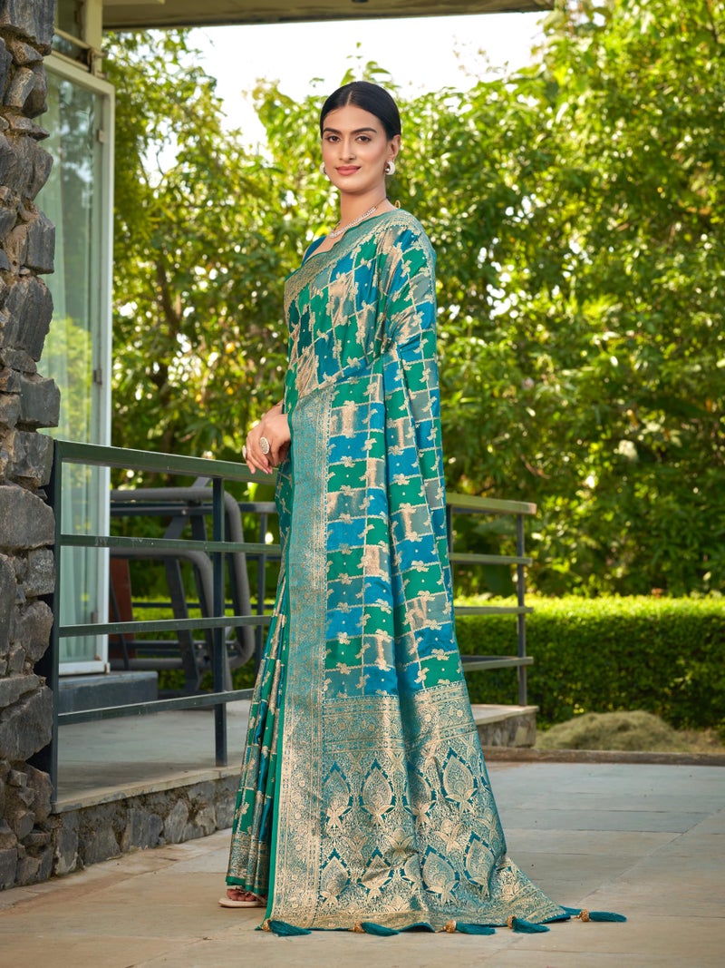 MANOHARI Women's Most Trendy Banarasi Satin Silk Woven Turquiose Blue Saree With Heavy Jacquard Work Saree With Blouse Piece_MN2051 - Image 3