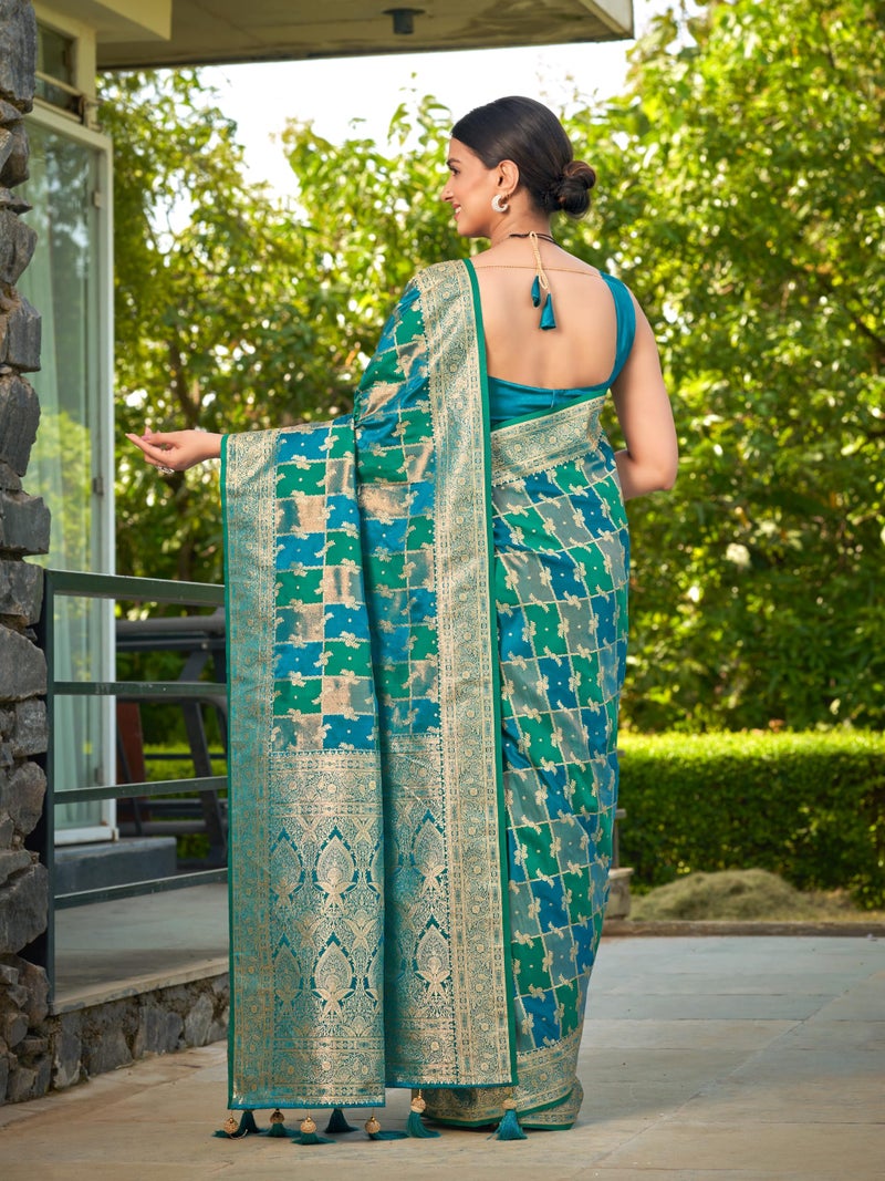 MANOHARI Women's Most Trendy Banarasi Satin Silk Woven Turquiose Blue Saree With Heavy Jacquard Work Saree With Blouse Piece_MN2051 - Image 4