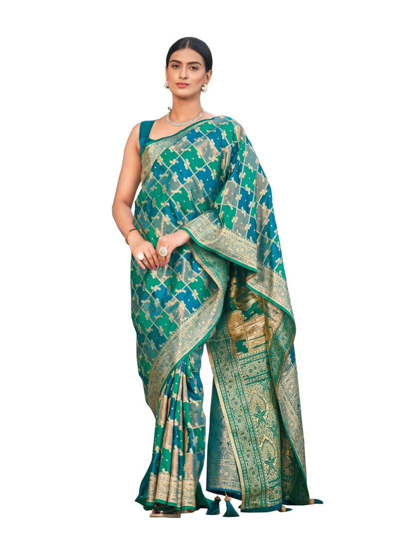 MANOHARI Women's Most Trendy Banarasi Satin Silk Woven Turquiose Blue Saree With Heavy Jacquard Work Saree With Blouse Piece_MN2051 - Image 1