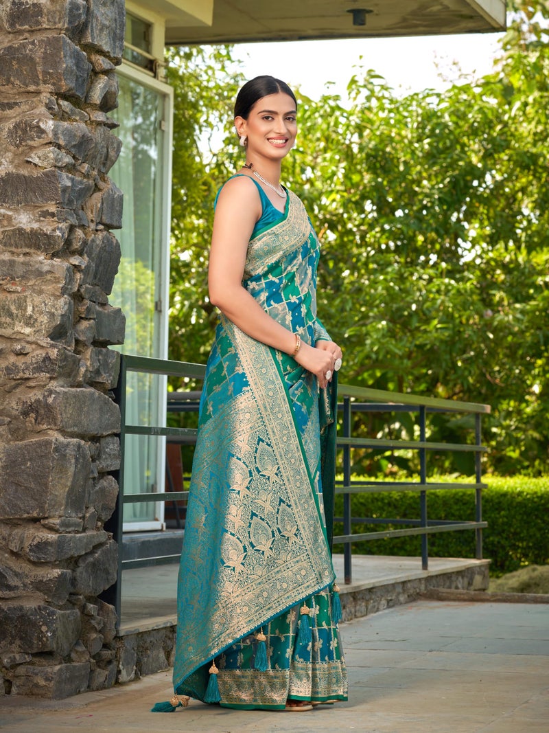 MANOHARI Women's Most Trendy Banarasi Satin Silk Woven Turquiose Blue Saree With Heavy Jacquard Work Saree With Blouse Piece_MN2051 - Image 5