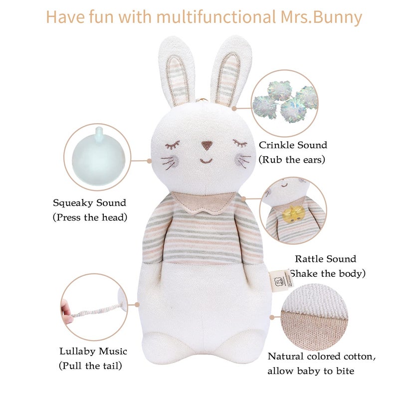 COTTONBEBE Newborn Baby Toys, Soft Cotton Stuffed Bunny Toy with Lullaby Music for Boy & Girl Babies 0-3-4-6+ Months,Easter Gift for Baby (Mrs.Bunny) - Image 2