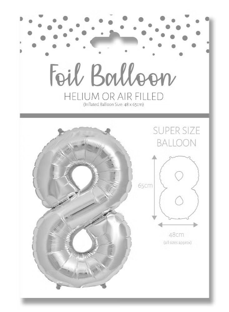 Number 8 Silver Foil Balloon 65cm - Perfect for Celebrations Like Birthdays and Decor.