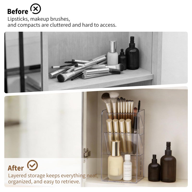 PAVSTINE Medicine Cabinet Organizer with Adjustable Dividers, Clear Open Storage Compartment, Space-Saving Makeup Brush Holder for Bathroom, Wall Cabinet, Vanity Countertop (2-Tier Full Slant) - Image 5