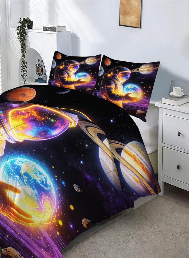 EDGZKO Outer Space Comforter Set Full Size Galaxy Astronaut Bedding Set for Boys Kids Teens Adults Solar System Planet Quilt Duvet Star Print Bed Set Bedroom Decor 1 Comforter & 2 Pillowcases - Image 3